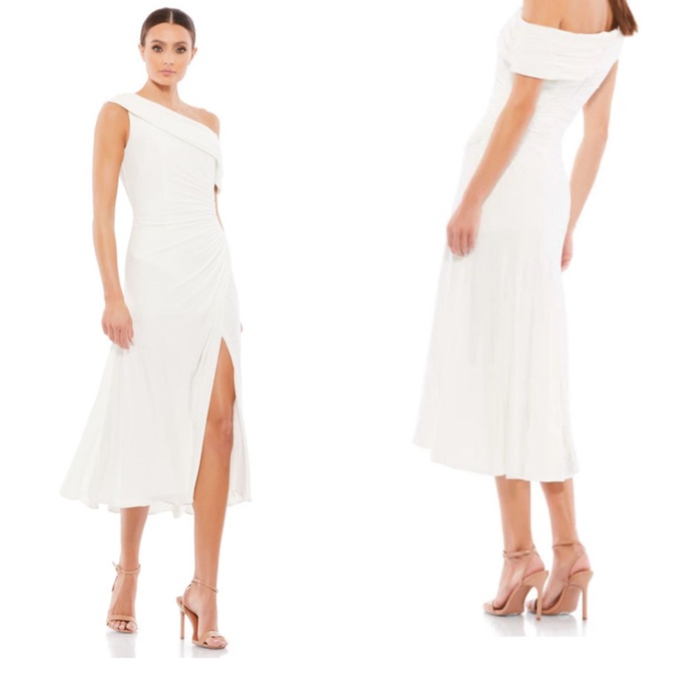 MacDuggal white classy Ruched off the shoulder midi special occasion midi dress